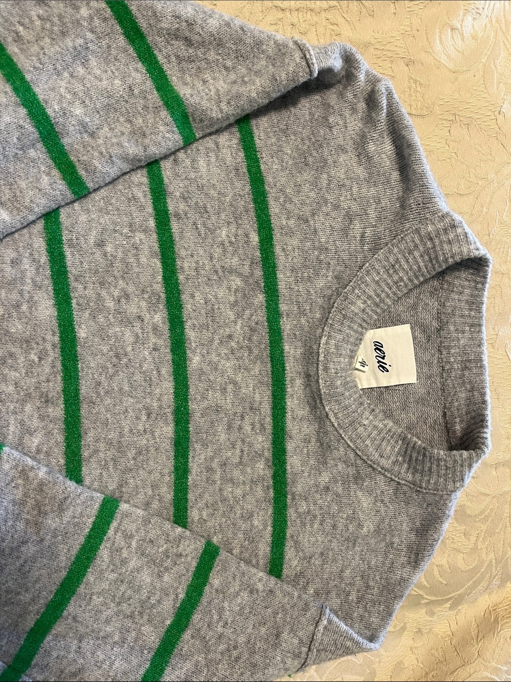 aerie Gray Crewneck Sweater with Green Stripes